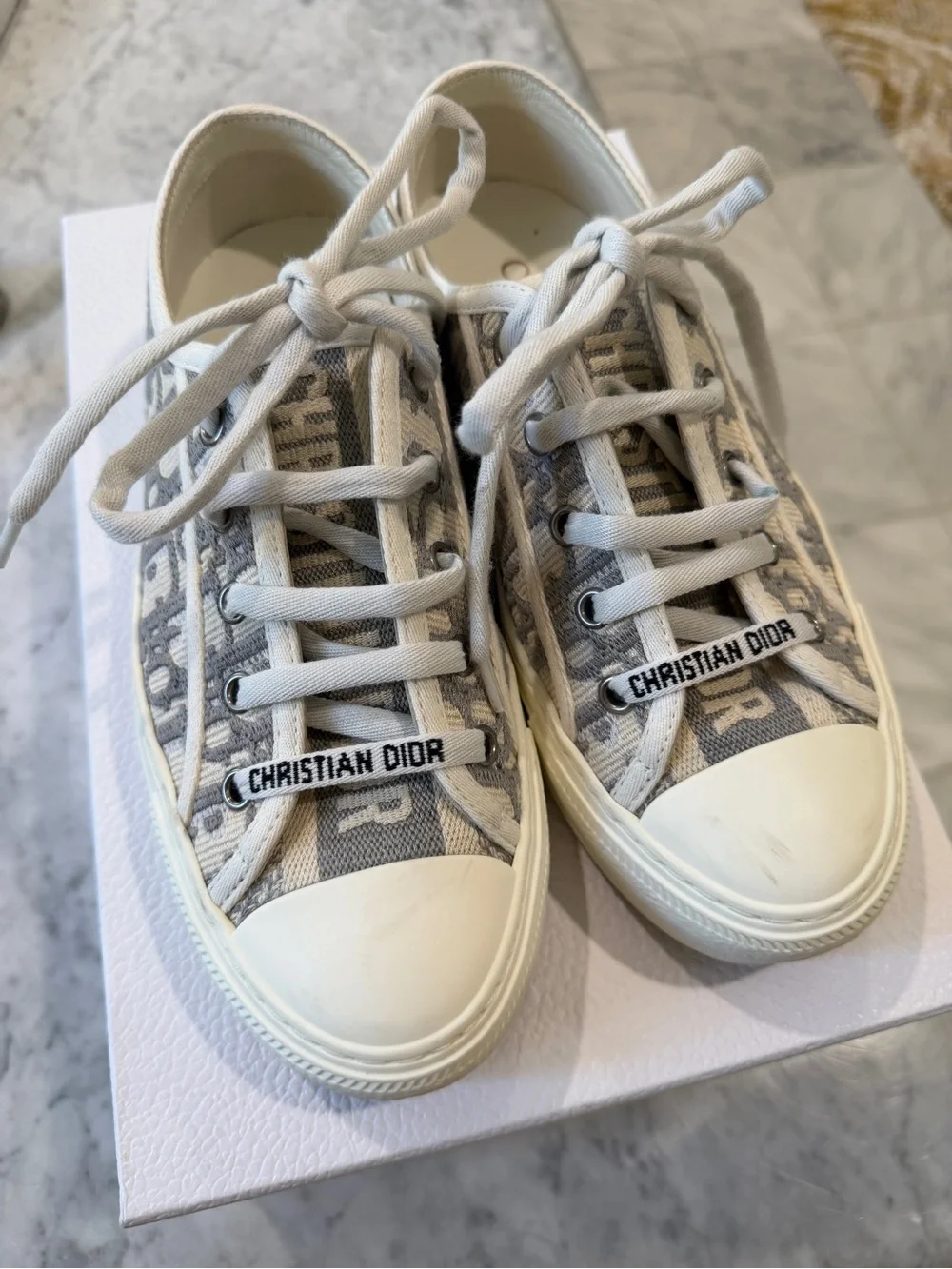 Dior “Walk ‘N’Dior” Beige and Gray Monogram Canvas Sneakers